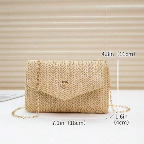 Woven Straw mini envelope crossbody bag with gold chain and gold floral detail - Picture 6 of 6
